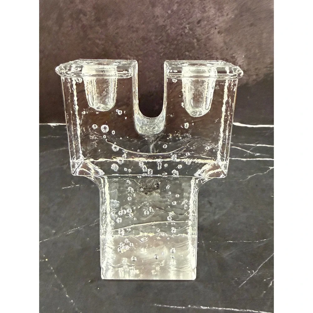 VTG Dansk Blocky Art Glass Candle Holder Bullicante Controlled Bubbles 5.5in